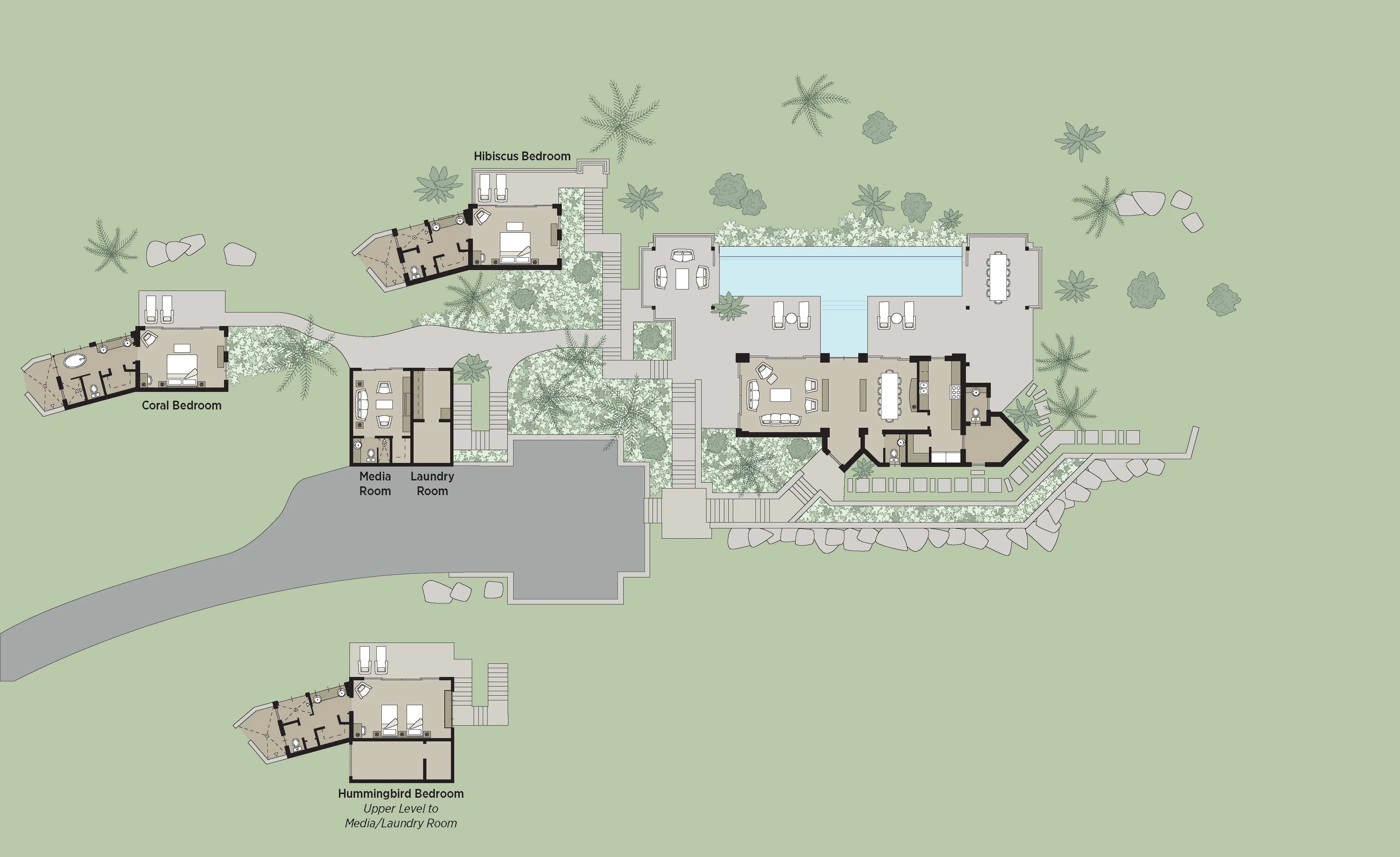 Architectural floor plan of the residential property, Reef House, featuring multiple bedrooms named Hibiscus, Coral, and Hummingbird. The plan includes areas such as a laundry room, living spaces, outdoor pool, terrace, and landscaped surroundings with trees and shrubs fit for a luxury hotel.