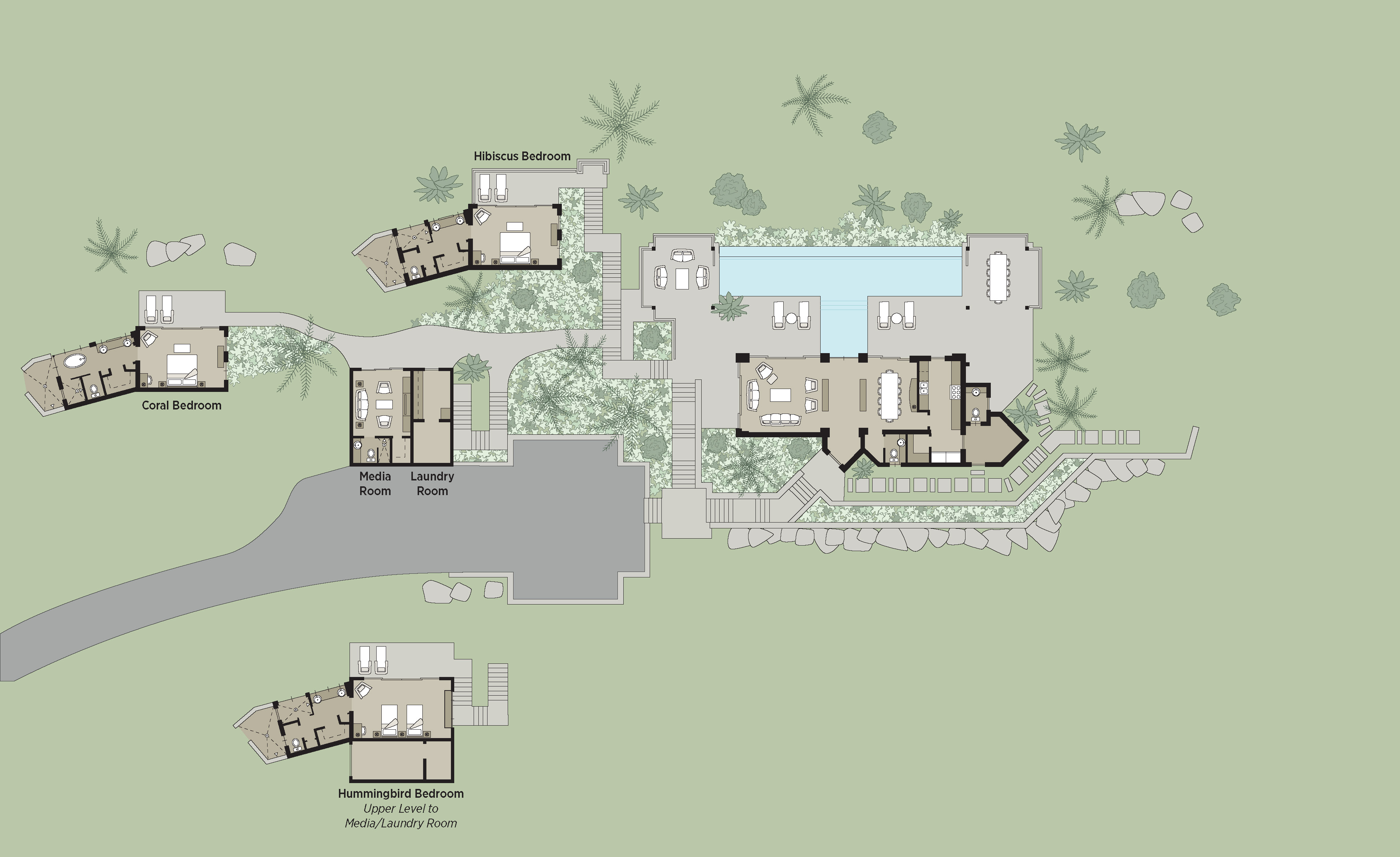 Architectural floor plan of the residential property, Reef House, featuring multiple bedrooms named Hibiscus, Coral, and Hummingbird. The plan includes areas such as a laundry room, living spaces, outdoor pool, terrace, and landscaped surroundings with trees and shrubs fit for a luxury hotel.