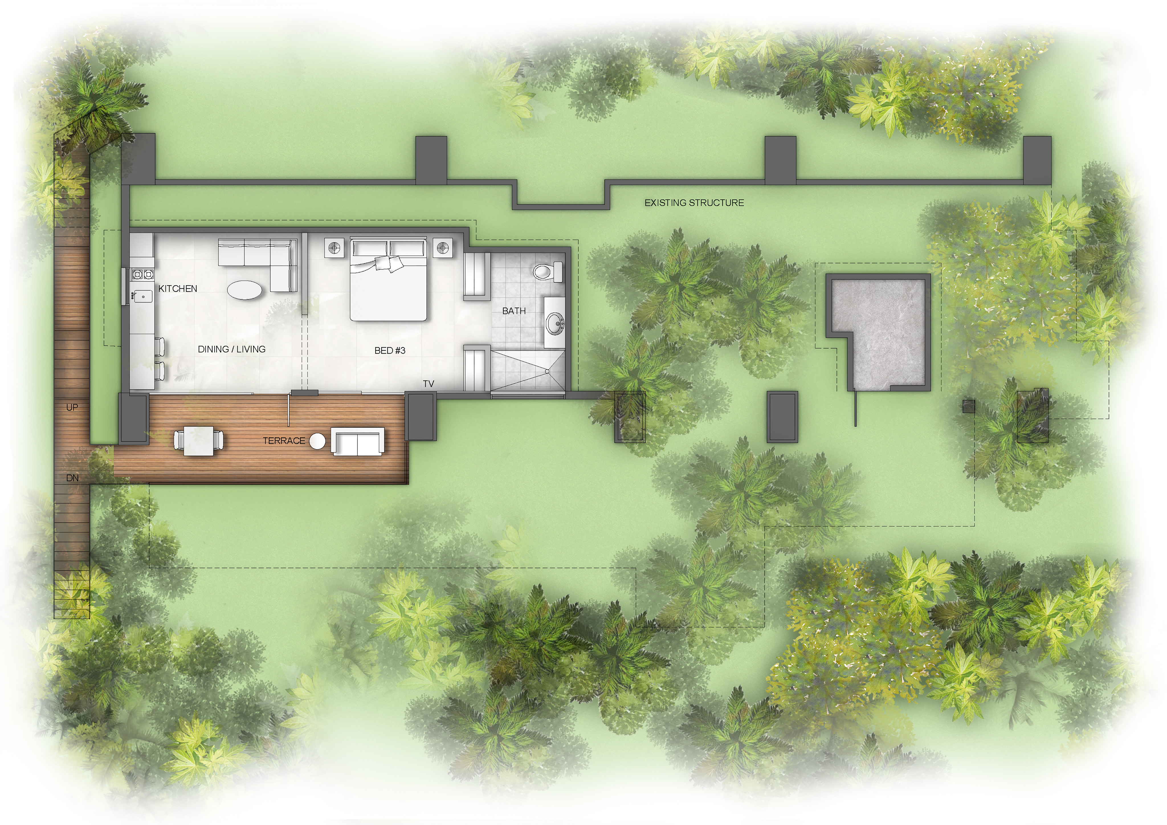 An architectural layout of a one-bedroom villa surrounded by greenery. The floor plan features a bedroom, bathroom, kitchen, dining/living area, and an outdoor terrace. There's an existing structure and a small separate building on the right side of the plan with views of the sea.