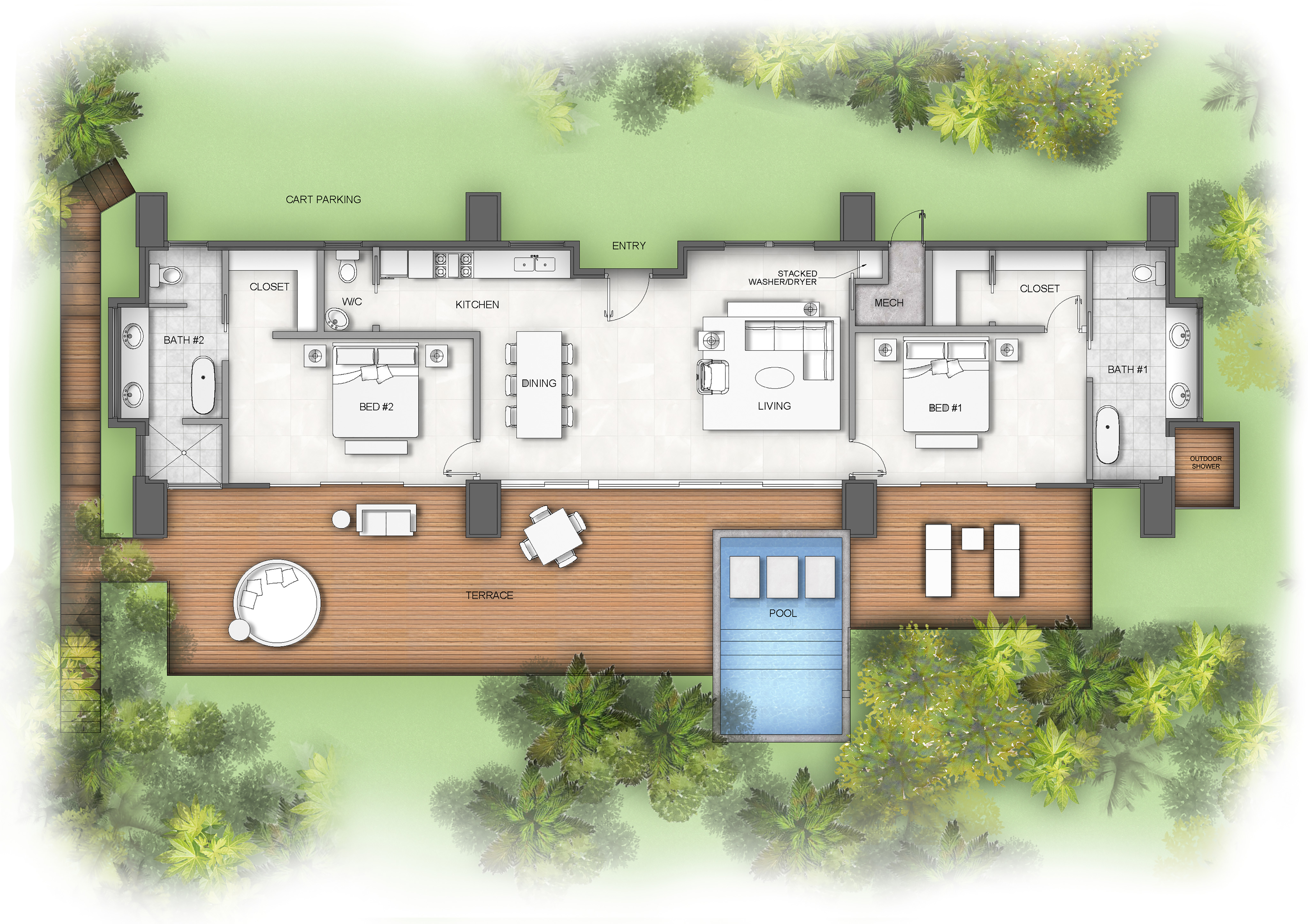 Architectural floor plan of the single-story modern Sea Sabella Villa. Layout includes two bedrooms, two bathrooms, kitchen, dining area, and living room. The exterior features a wooden terrace, round outdoor furniture, and a rectangular swimming pool surrounded by greenery.