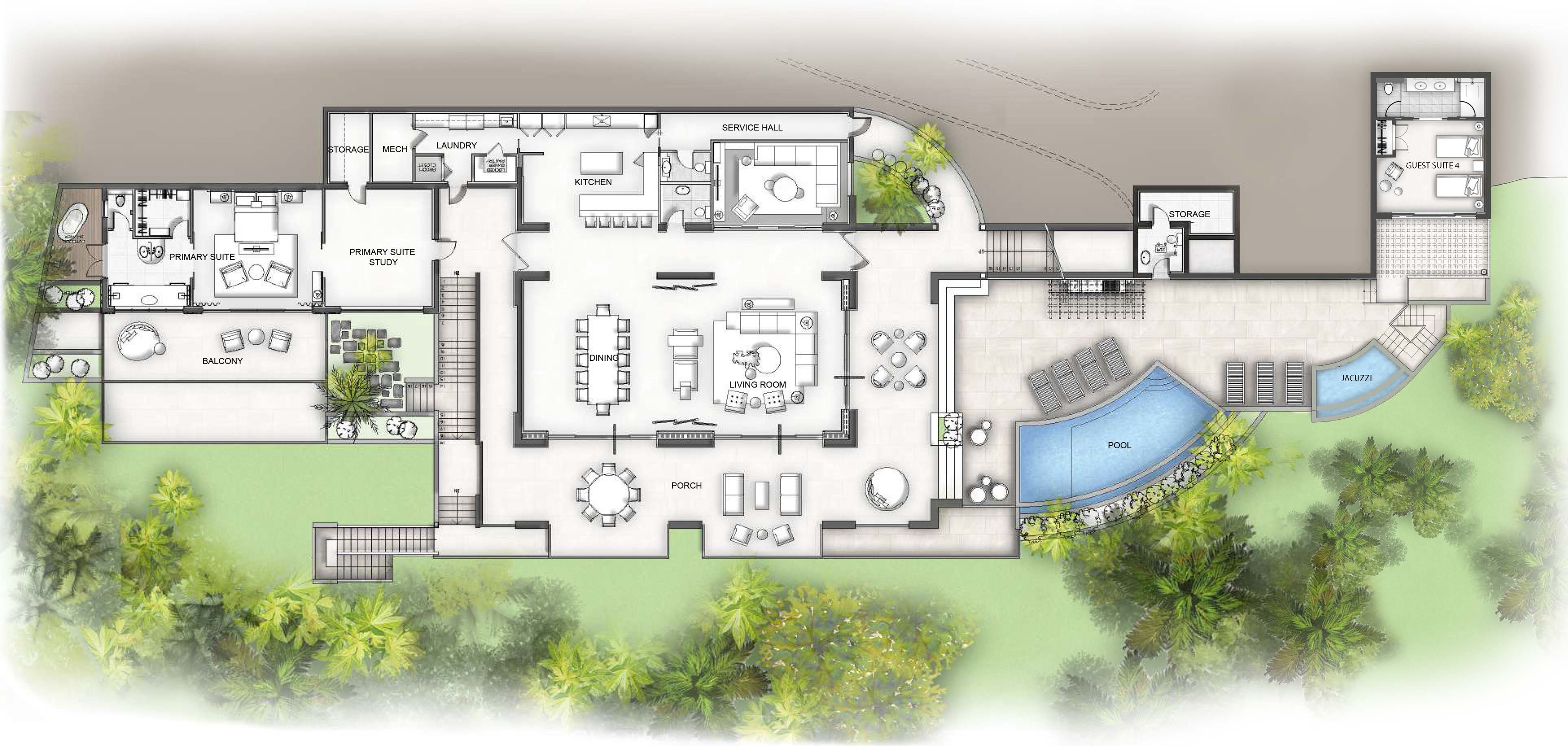 Architectural floor plan of Villa Maronti features a central kitchen, dining, and living area. Bedrooms and bathrooms are on the left, with a pool and patio on the right. A garage and service hall sit above, all surrounded by lush greenery.