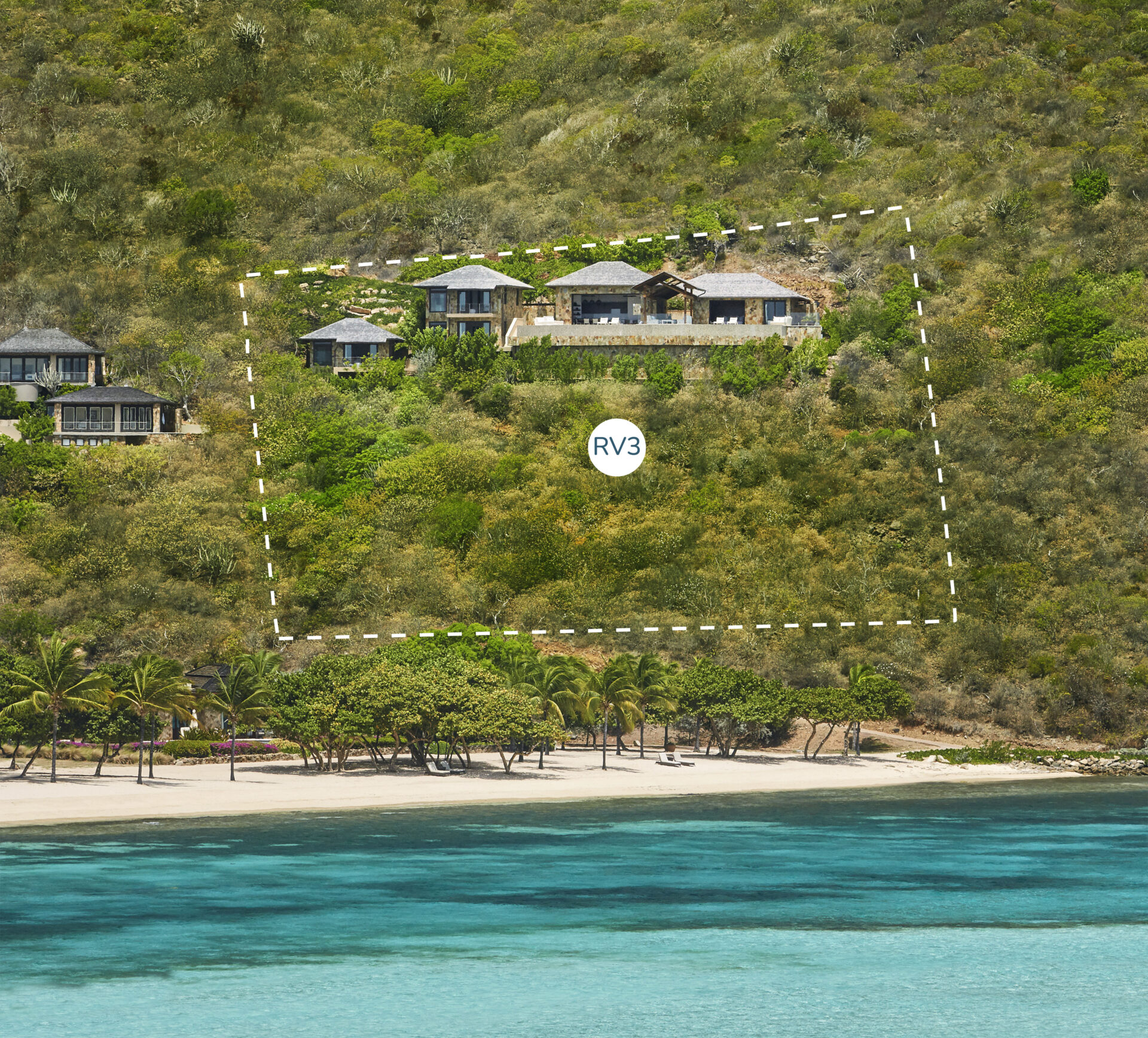 A beachfront area features a dotted white outline around several villas nestled among greenery on a hill. Below the outline are palm trees lining a stretch of sandy beach against turquoise waters. An "RV3" label is positioned within the outlined area, marking this serene water's edge getaway.