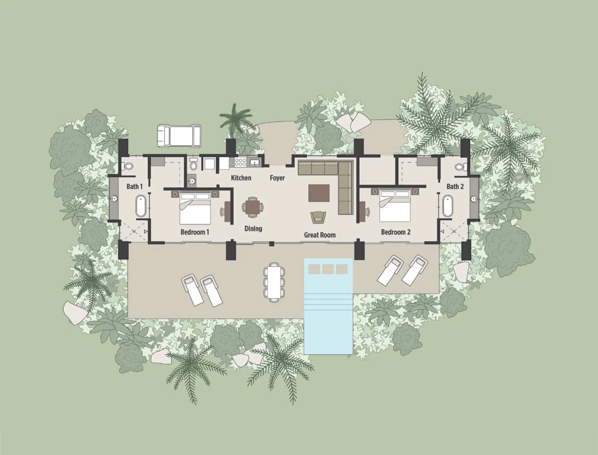 A floor plan of Winedown Villa includes two bedrooms, two bathrooms, a kitchen, a dining room, a great room, and a foyer. The outdoor area features a pool, patio furniture, and lush landscaping with various plants and trees.