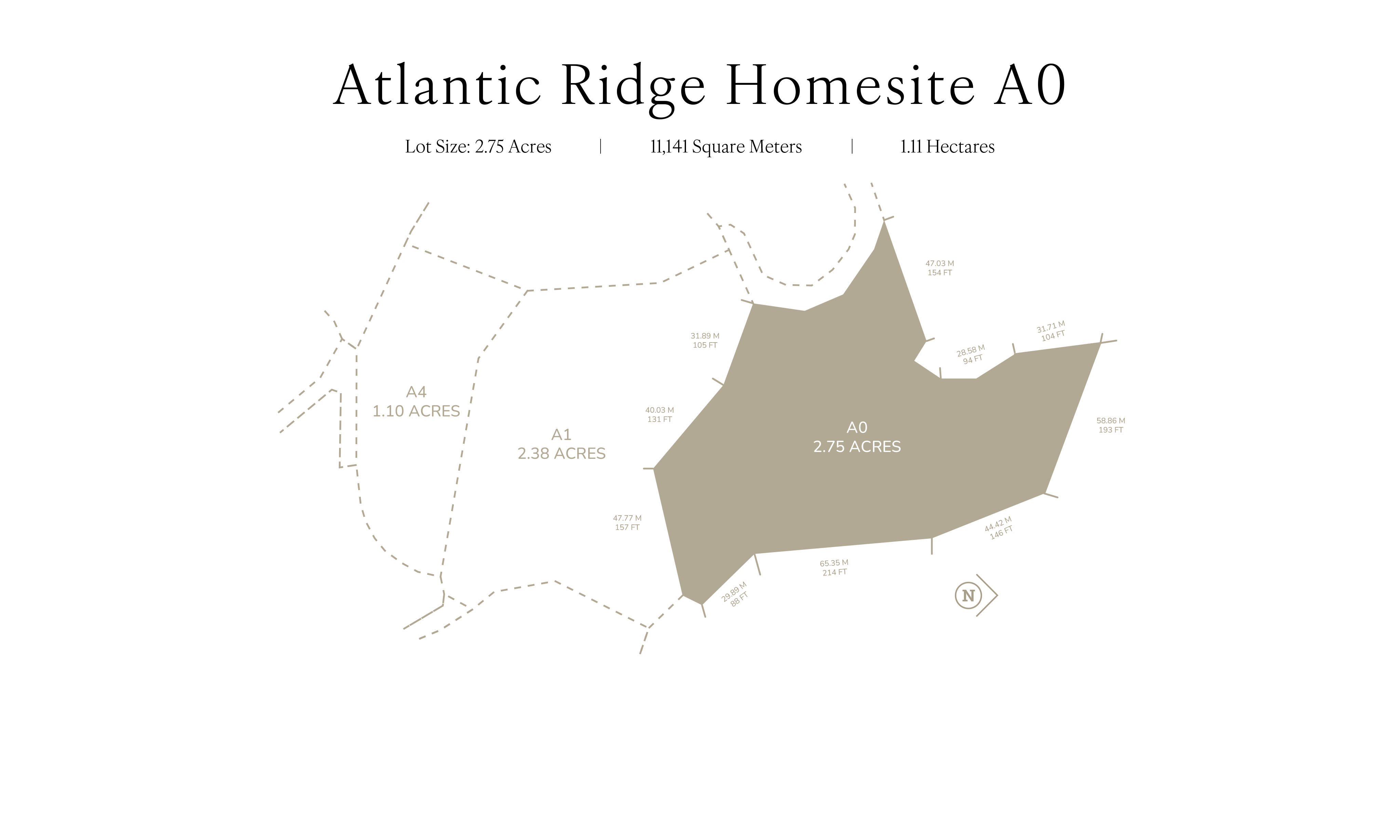 Map of Atlantic Ridge Homesite A0 illustrates a lot size of 2.75 acres (1.11 hectares), alongside adjacent lots A1 and A2 with acreages of 1.10 and 2.38, respectively. The map includes compass direction and dotted boundary lines for context, providing a thorough overview of the Atlantic Ridge Homesite area.