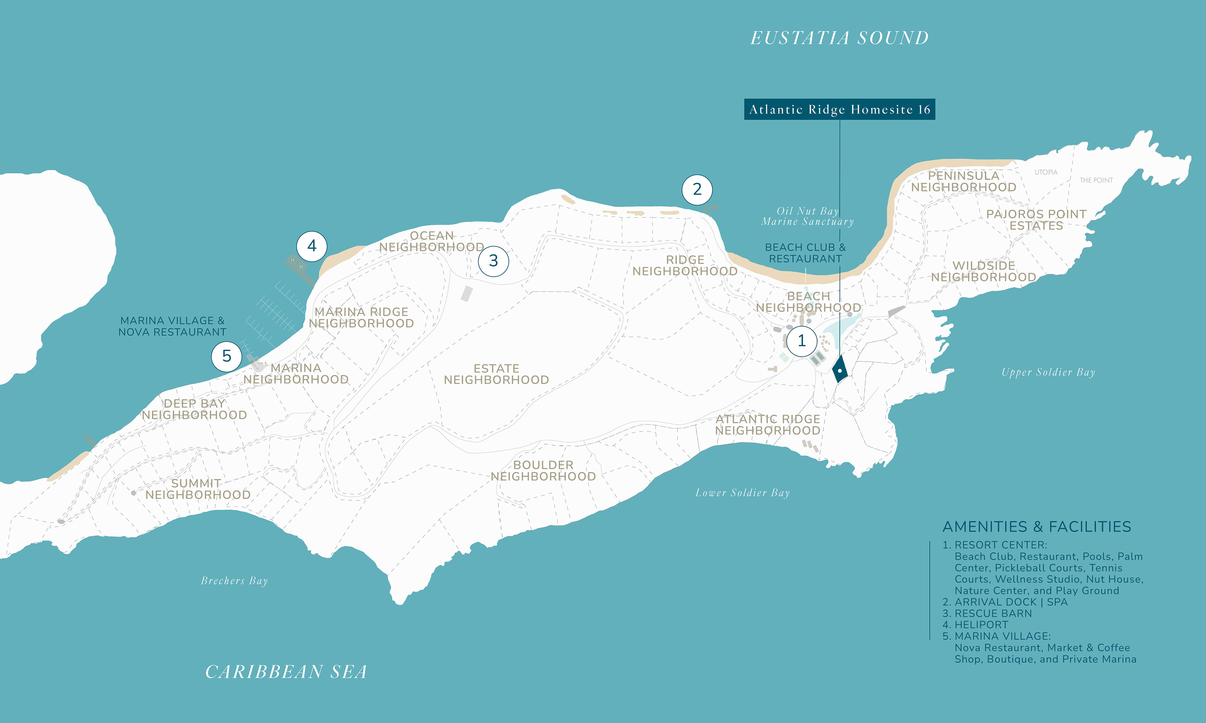 A map showcasing a coastal region with labeled neighborhoods including "Marina Village," "Atlantic Ridge Homesite," "Estate," "Deep Bay," and "Boulder." Key amenities like Marina Village, restaurants, beach club, and sports facilities are marked. Eustatia Sound and Caribbean Sea surround it.