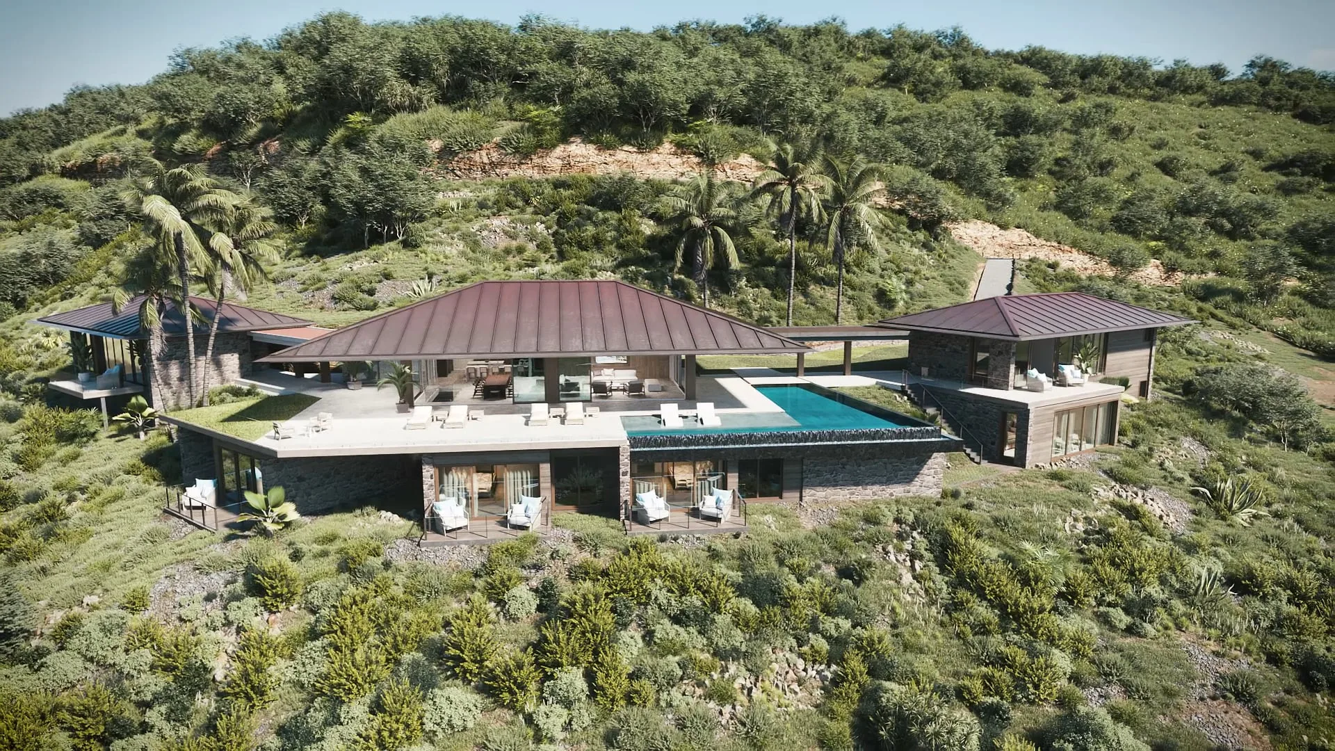 A modern, luxurious villa situated on a lush green hillside, part of the prestigious Estate Homesite E19. The property features multiple flat-roofed sections, large glass windows, and an infinity pool that blends seamlessly with the natural surroundings. Palms and dense foliage encircle the residence.