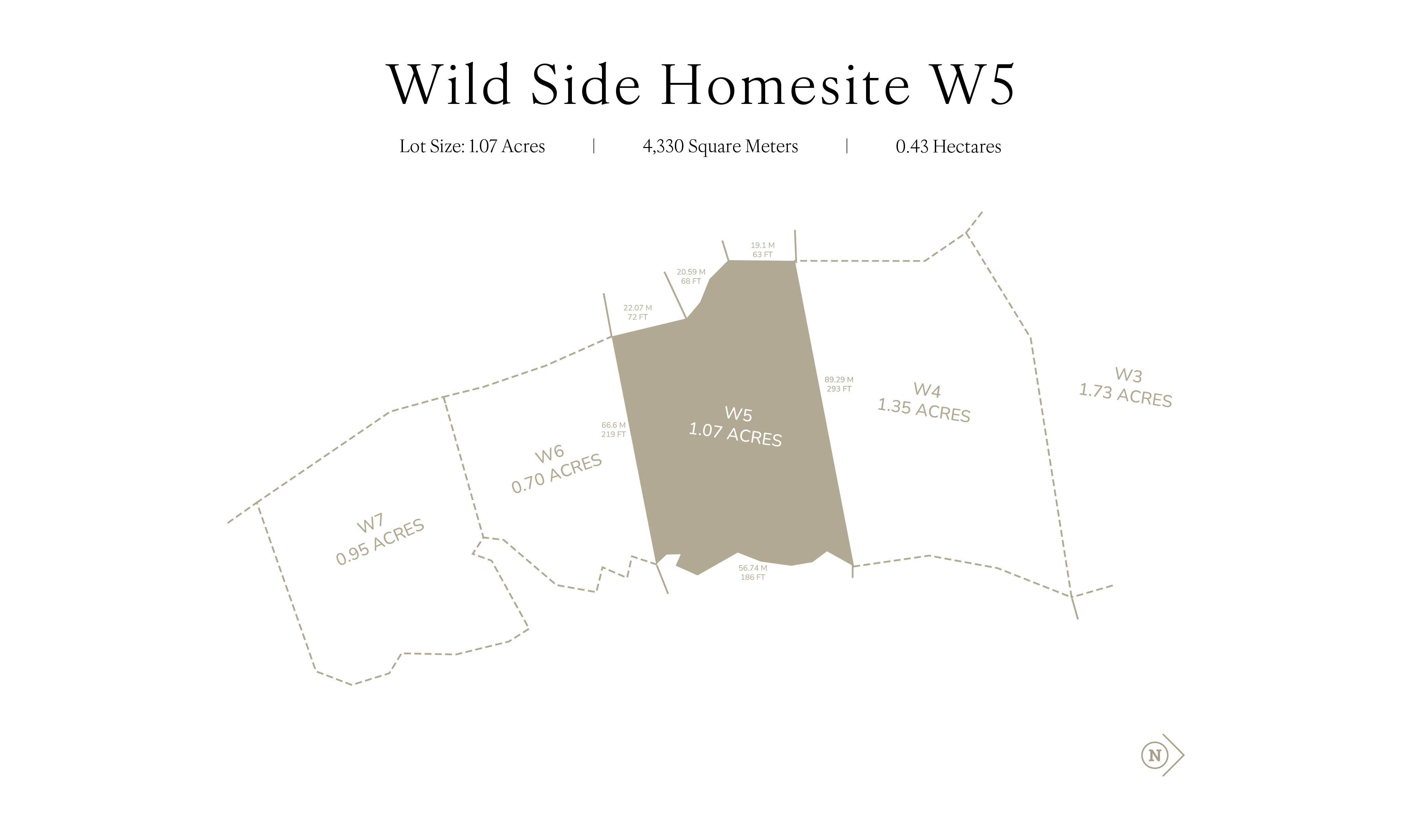 A plot map labeled "Wildside Homesite W5" highlights a specific lot, W5, which is 1.07 acres. Other adjacent lots include W1 (1.35 acres), W3 (1.73 acres), W6 (0.70 acres), and W7 (0.95 acres). The dimensions are also provided in square meters and hectares.