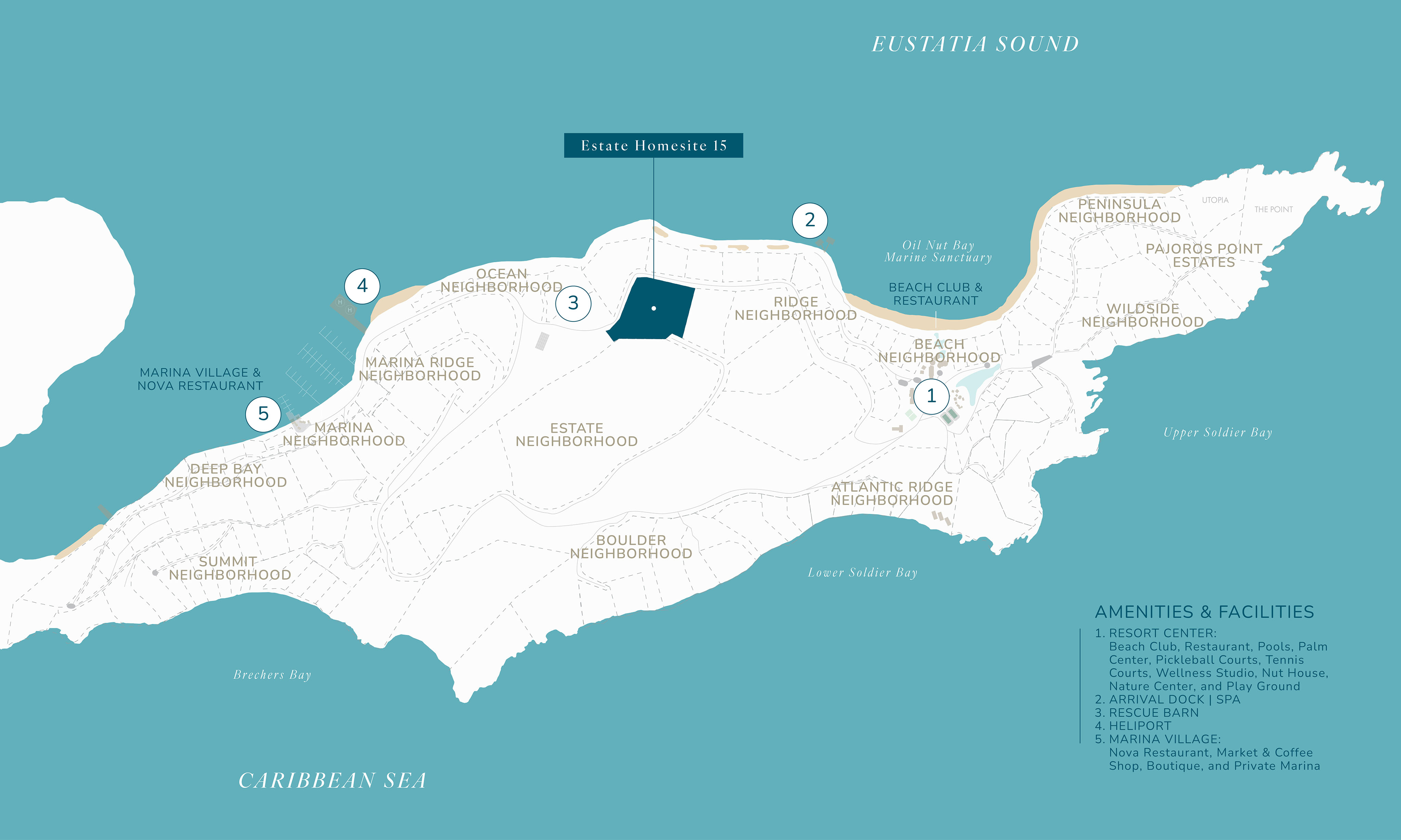 A map of a coastal area highlights neighborhoods and numbered locations, such as Ocean, Ridge, Marina, Beach, and Boulders. Estate Homesite 18 and Peninsula Point are notable sites. Boundaries include Eustatia Sound and the Caribbean Sea. Discover luxury at Homesite E15 in this elegant community.