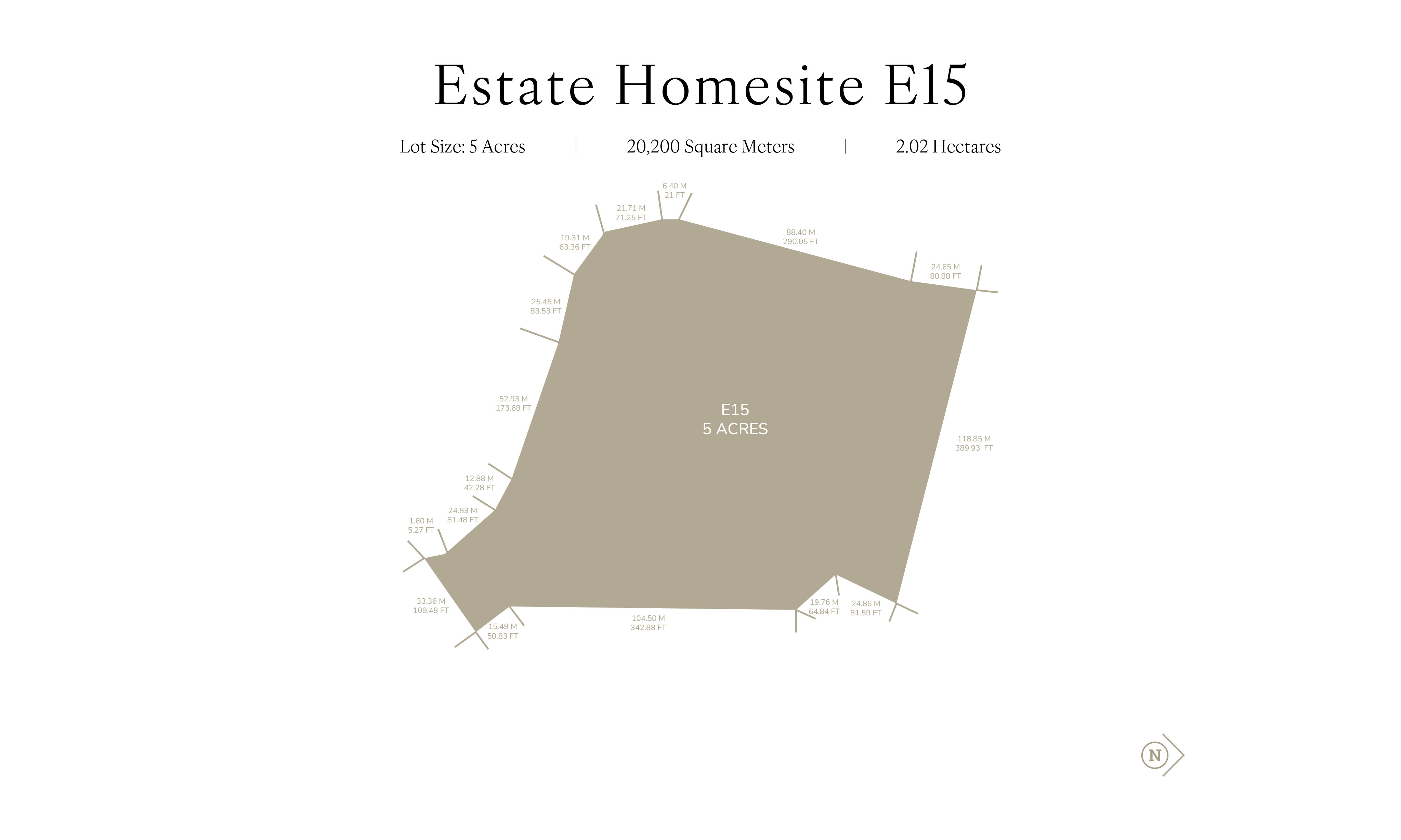 The image displays a detailed map of Estate Homesite E15, highlighting a 5-acre plot labeled "E15." Dimensions are clearly marked on all sides, with text noting the lot size as 5 acres, equivalent to 20,200 square meters or 2.02 hectares.