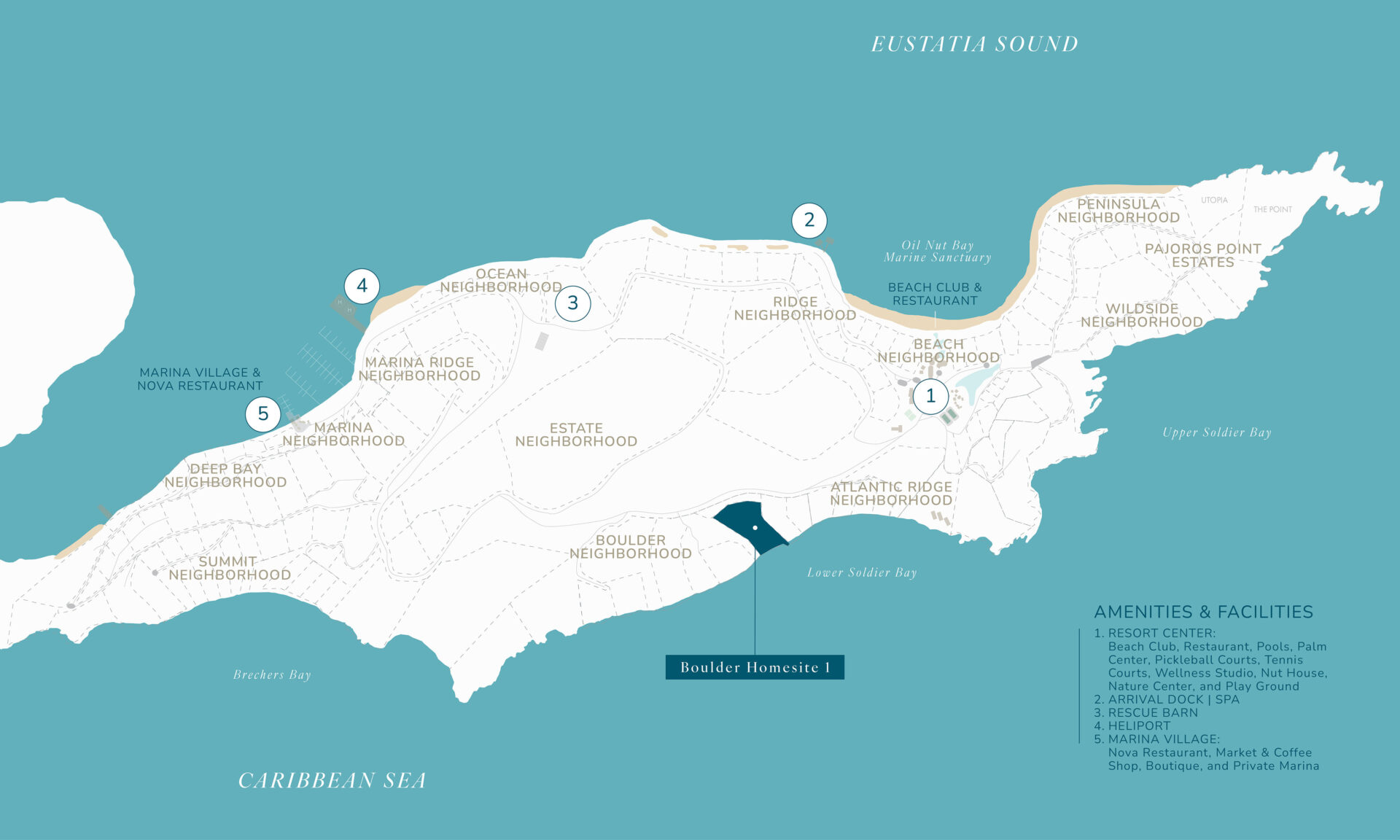 This detailed map of the island showcases diverse neighborhoods and amenities, with labels for Boulder Homestead, Peninsula Neighborhood, Ocean Neighborhood, and others. Discover homesites near restaurants, pools, markets, and beaches—all embraced by the Caribbean Sea and Eustatia Sound.
