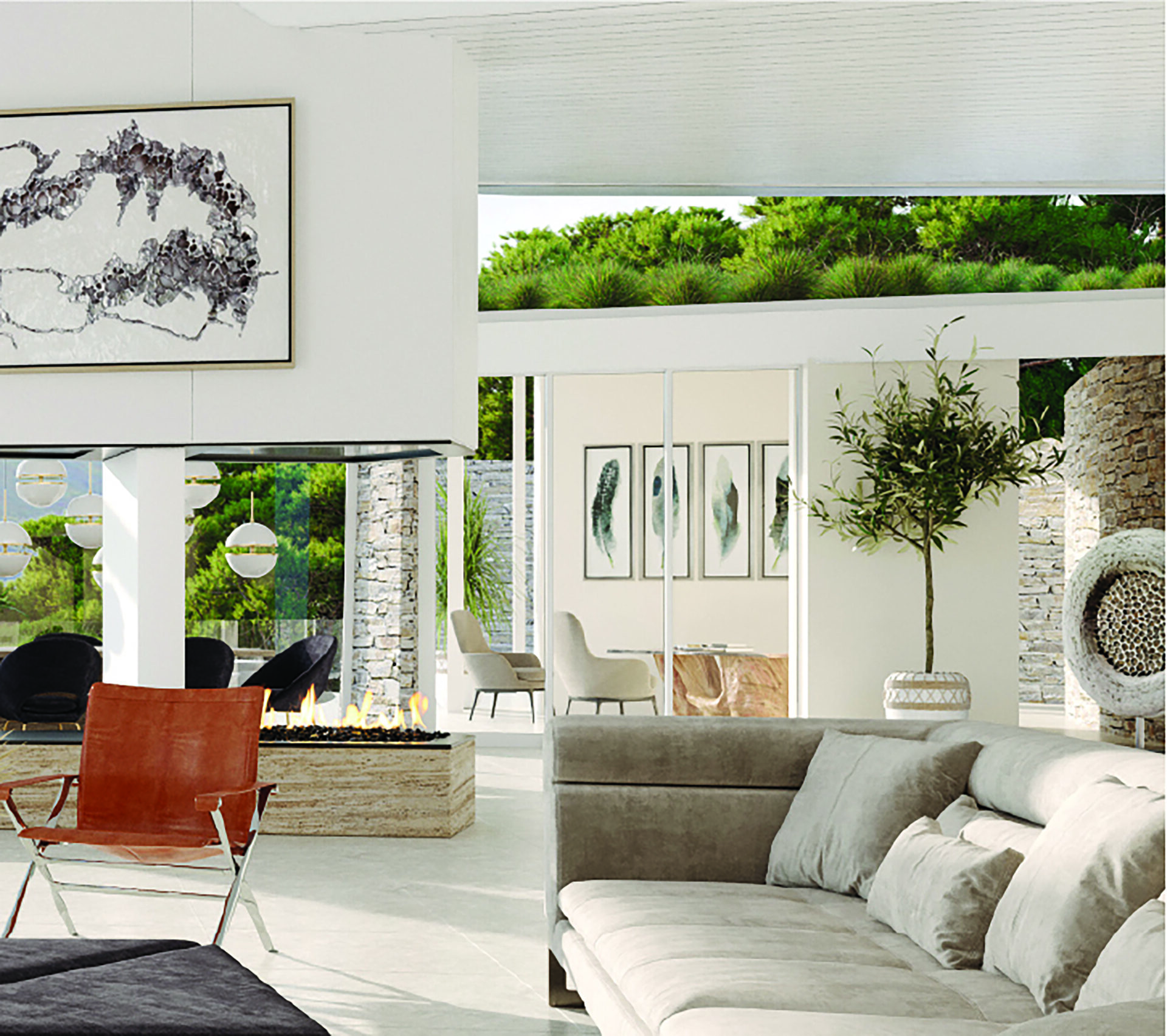 Discover a Boulder Homesite featuring a modern living room with a sleek gray sofa and leather chair. A fireplace and abstract art adorn the walls, while large windows reveal lush greenery. Neutral tones and minimalist design blend seamlessly to create an elegant atmosphere.
