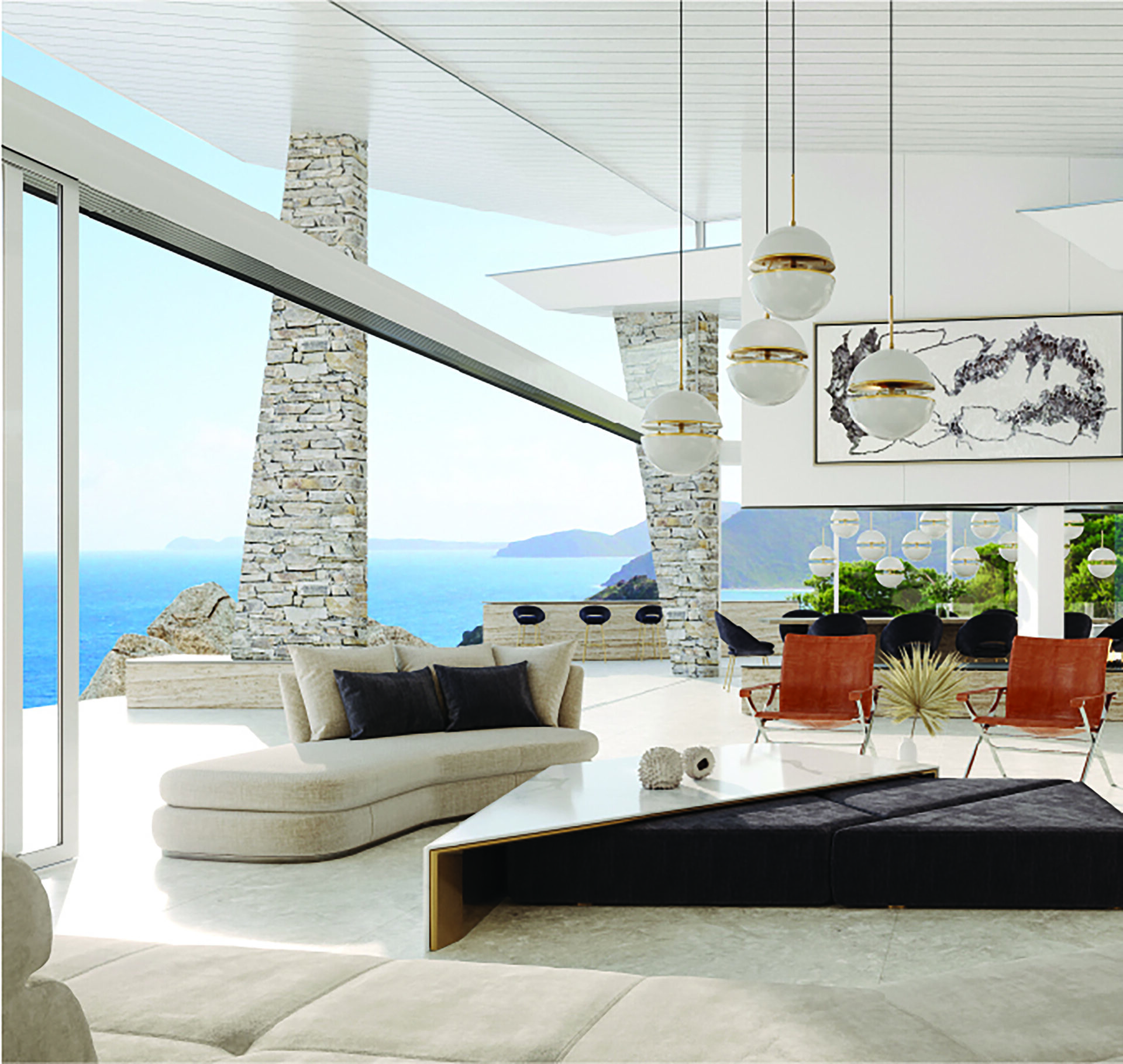 A modern, luxurious living room with large windows overlooking the ocean at this stunning homesite. The room features contemporary furniture including a cream sofa, wooden table, and orange chairs. Decorative pendant lights hang from the ceiling, and abstract art adorns the wall.