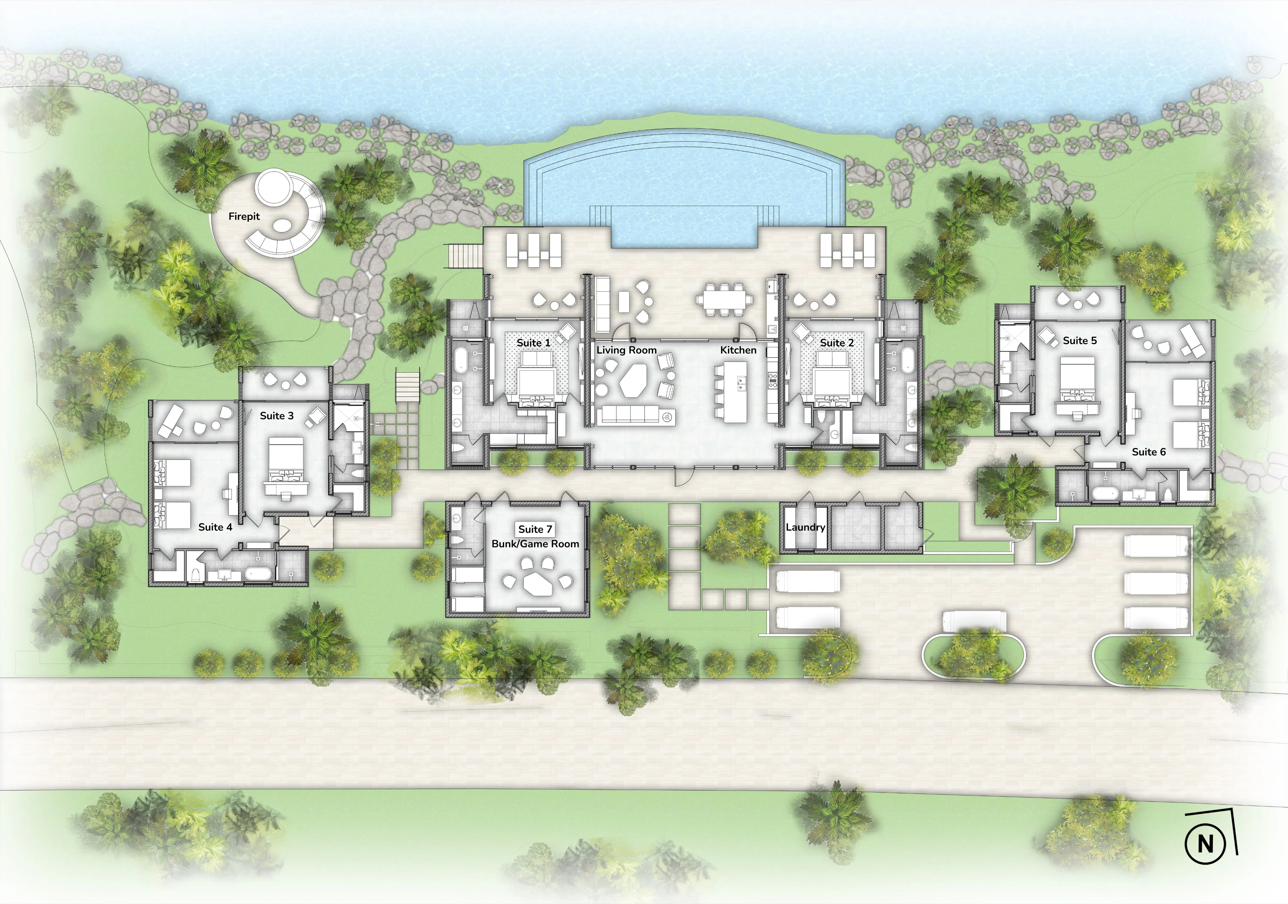 Architectural floor plan of the Casino Royale Villa—a waterfront villa with seven suites, a central living and kitchen area, outdoor pool, firepit, and landscaped gardens surrounded by greenery and a road at the bottom. North is indicated.