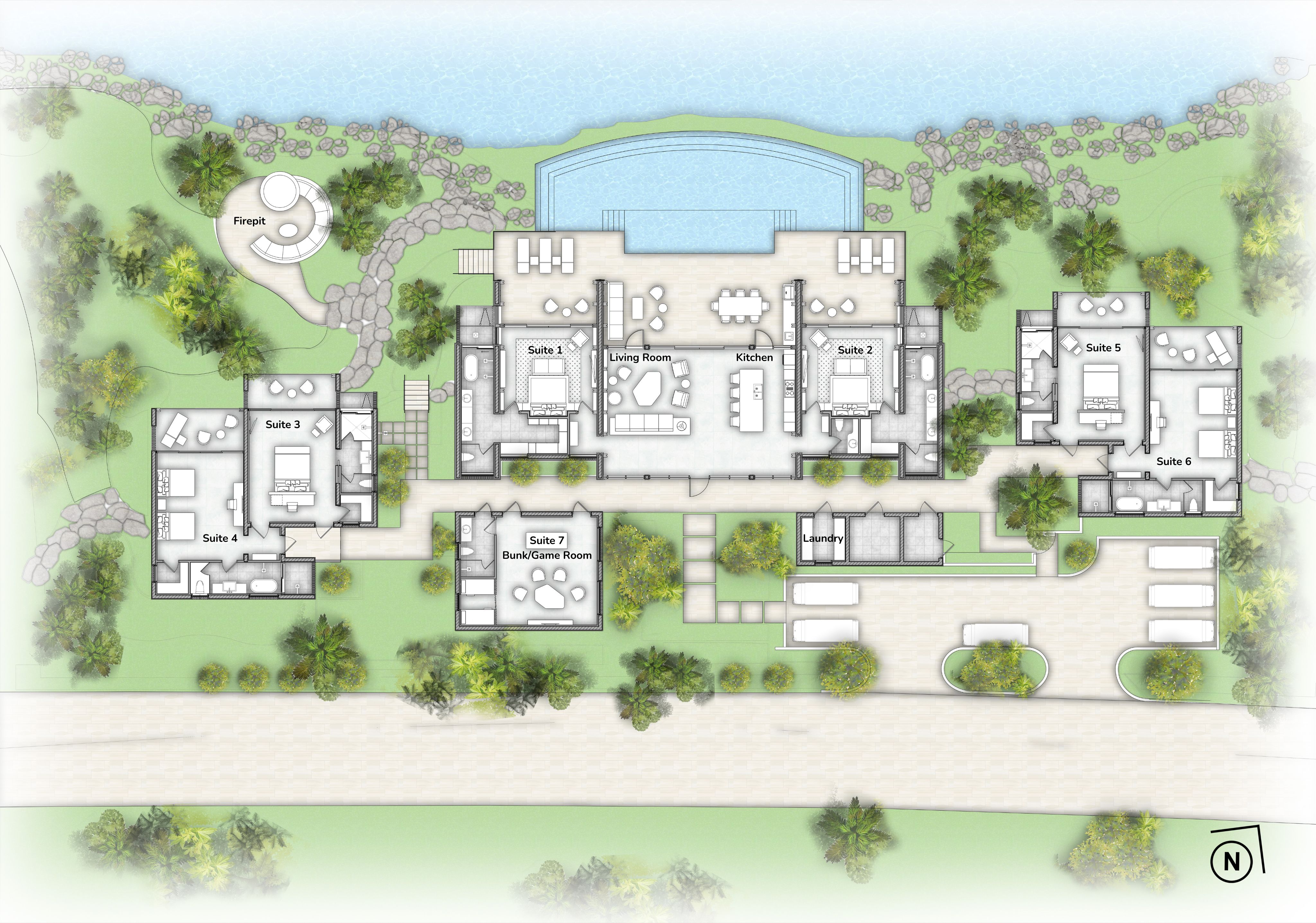Architectural floor plan of the Casino Royale Villa—a waterfront villa with seven suites, a central living and kitchen area, outdoor pool, firepit, and landscaped gardens surrounded by greenery and a road at the bottom. North is indicated.