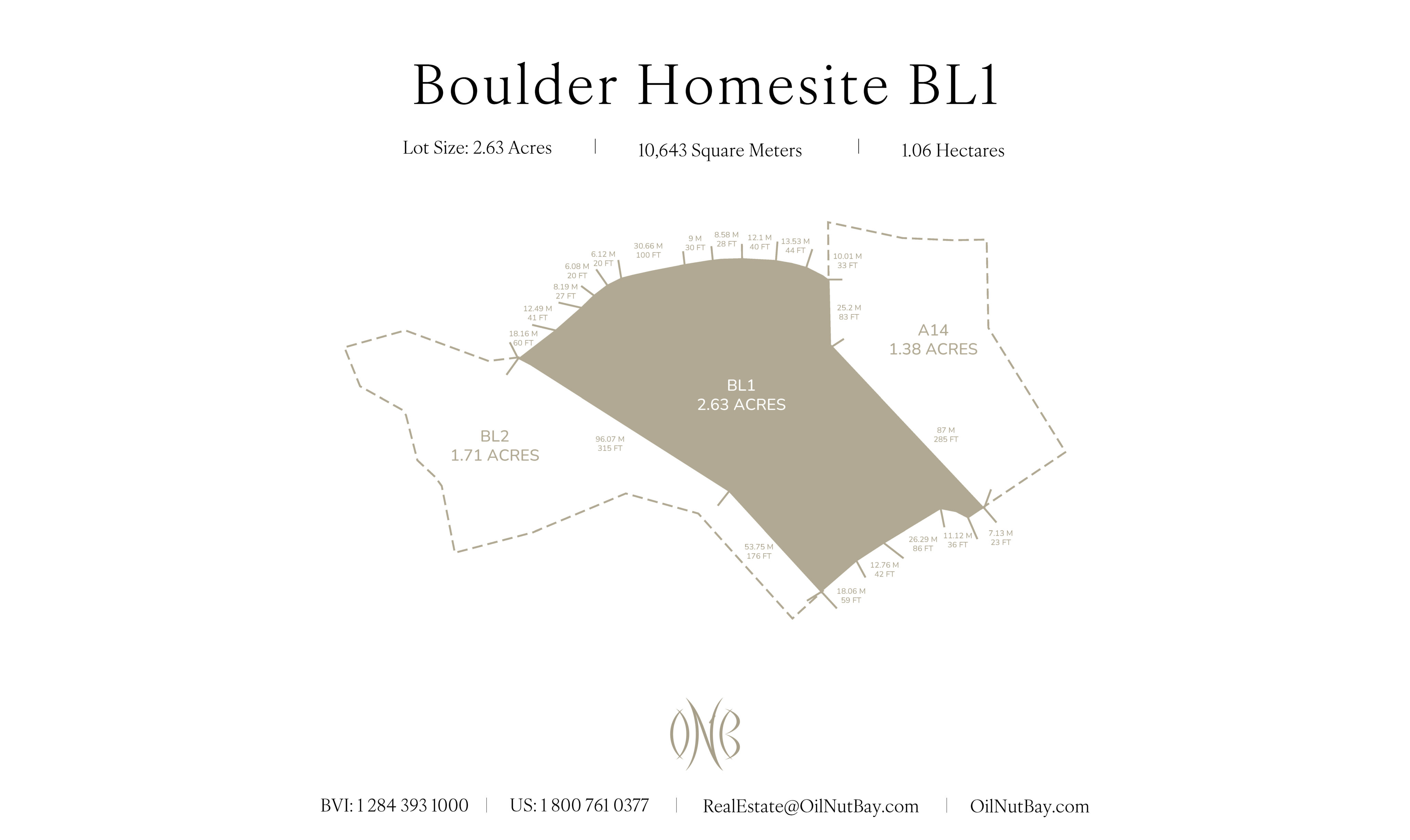 Detailed map of Boulder Homesite BL1 reveals the property outline. The lot spans 2.63 acres, neighboring BL2 at 1.71 acres and A14 at 1.38 acres. For inquiries, reach out to BYI at RealEstate@ONukubay.com.
.