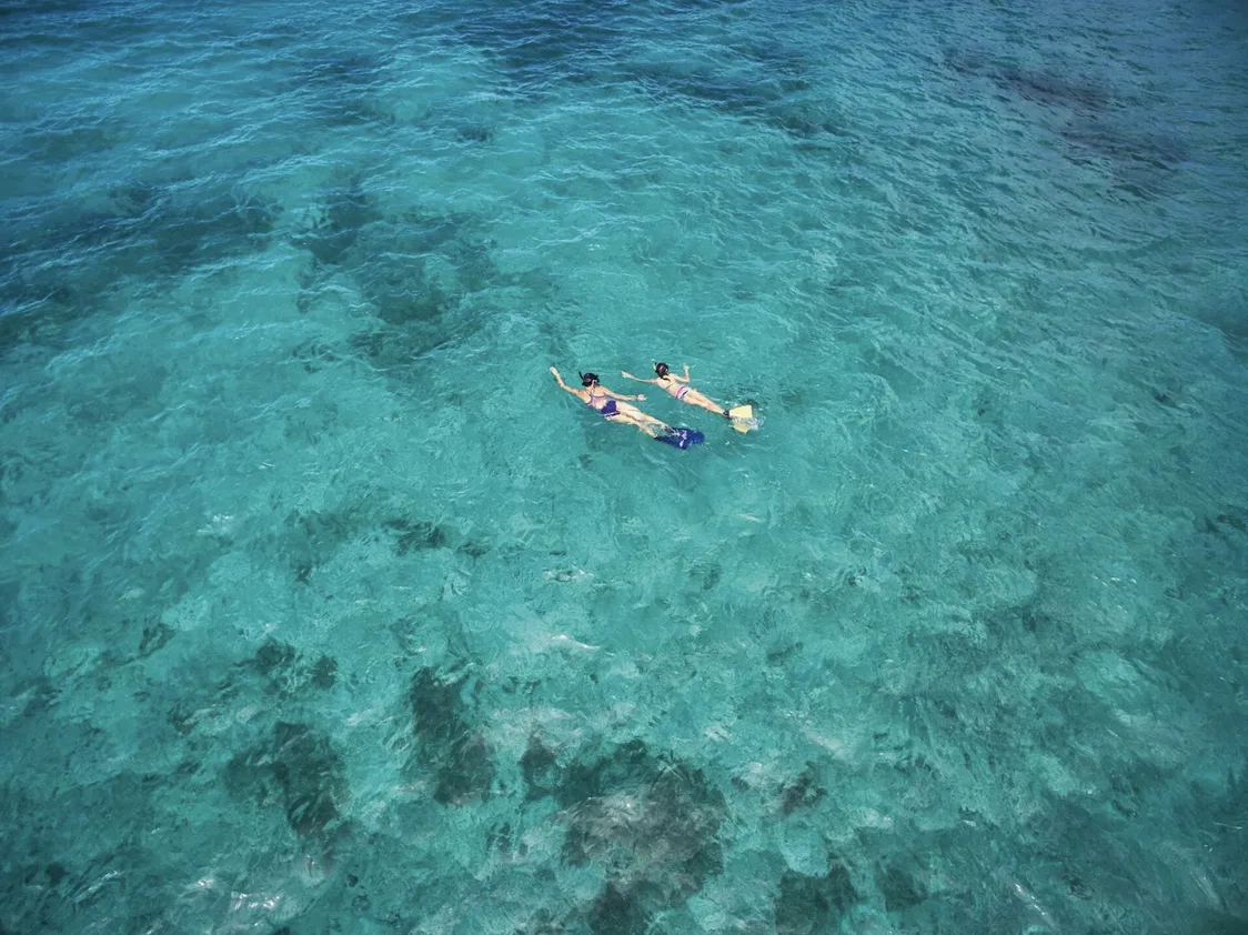 A serene bird's-eye view of two snorkelers swimming through vibrant, turquoise waters. The clarity of the sea highlights the intricate patterns of the underwater reef, offering a quiet moment of grounded discovery in a private sanctuary.