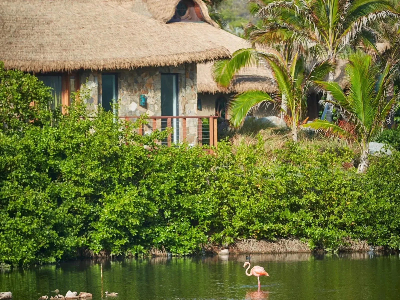 A pink flamingo wading in a quiet pond near thatched-roof villas surrounded by tropical palm trees.