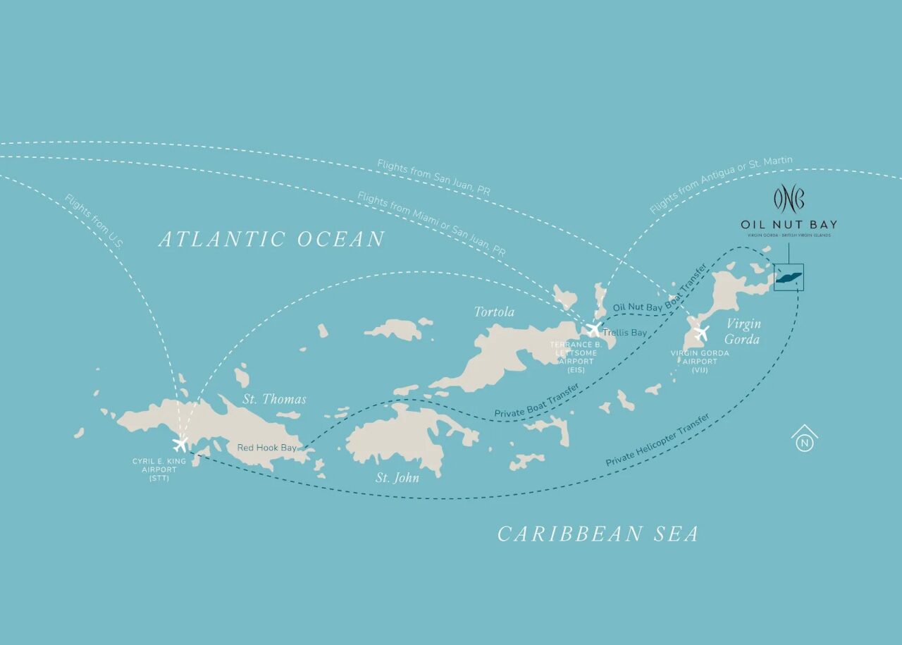 Illustrated map showing flight, boat, and helicopter routes to Oil Nut Bay on Virgin Gorda.